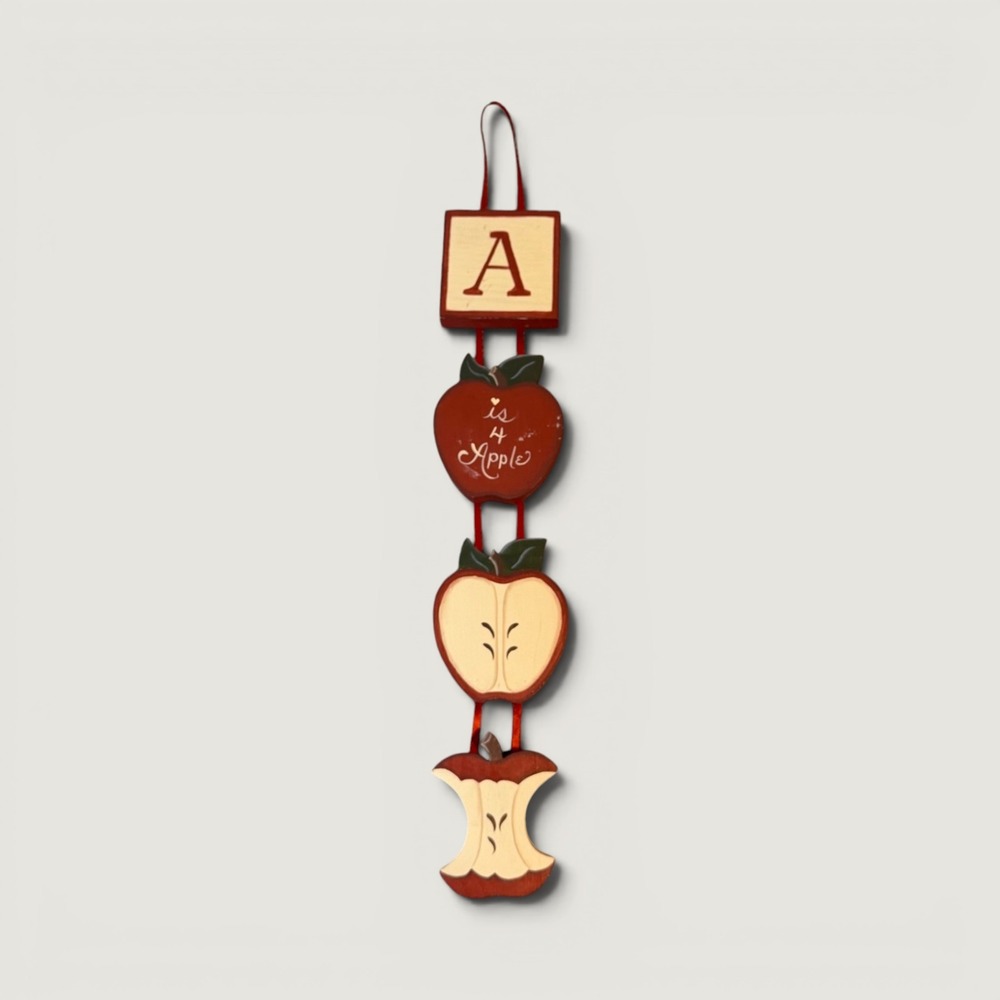 Vintage Primitive Wood Apple Wall Hanging Teacher Gift Classroom Decor Red